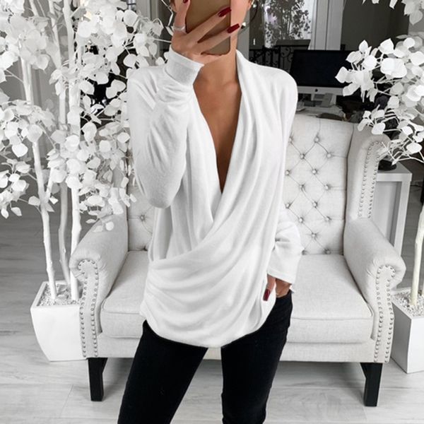 

fashion women v neck wrap jumper cross front pullover long sleeve shirt, White