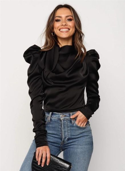 

2019 new autumn women ladies solid bow puff sleeve blouses fashion slim ruffle shirts casual clothes blouse, White