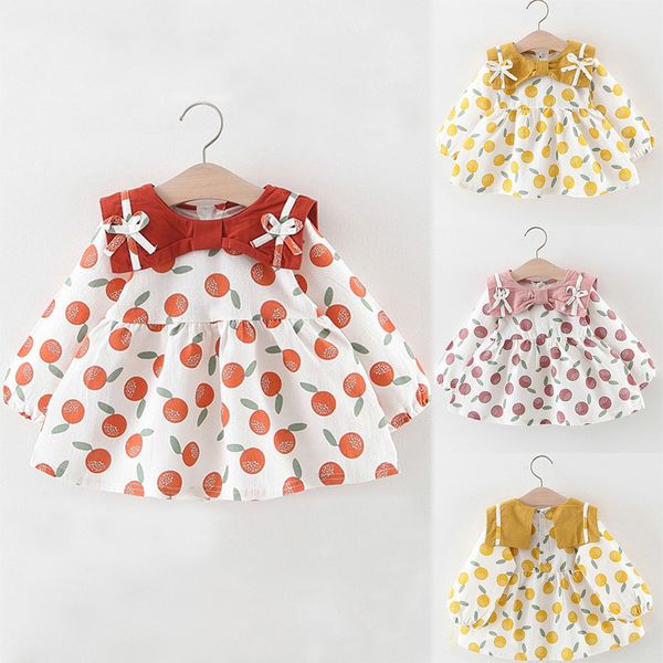 

kids girl long sleeved dress toddler infant baby girls long sleeve bow orange print princess dresses cotton clothes outfits#p4, Red;yellow