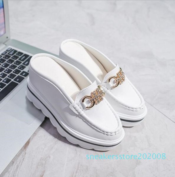 

effgt 2018 woman mules shoes sandals rhinestone chains metal buckle design slippers baotou platform shoes wedges slipper s08, Black