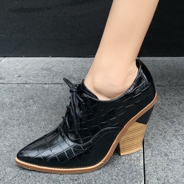 

lapolaka retro pointed toe ankle boots woman autumn wedges shoes pointed toe shoelaces high heels booties woman plus size 44, Black