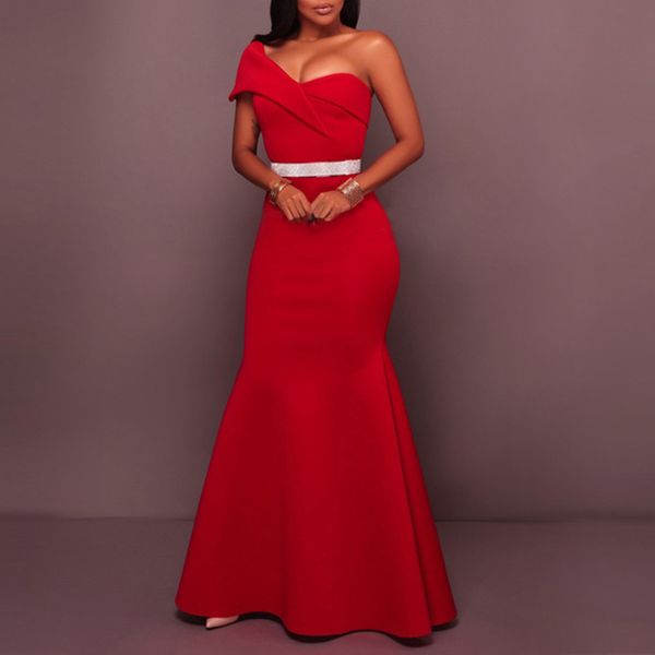 

women red long party dress one shoulder africa ladies evening dinner backless vestidos de fiesta bodycon mermaid dress maxi, Black;gray