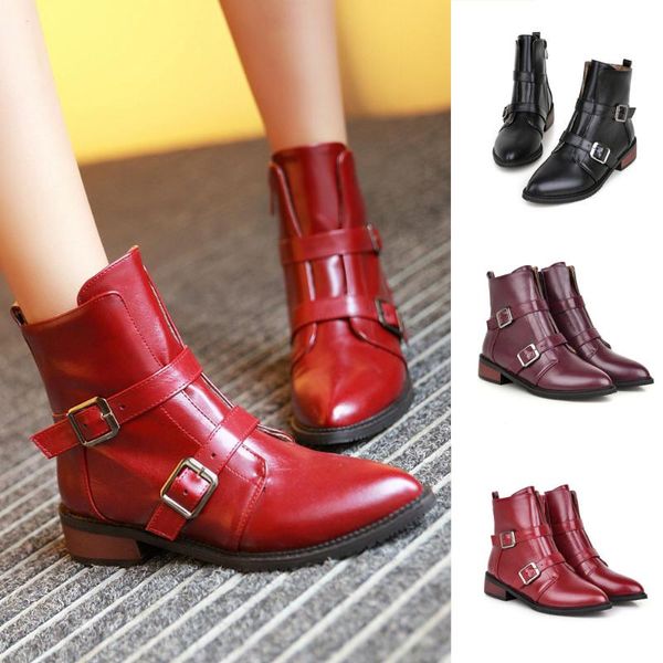 

fashion retro womens buckle low-heeled non-slip shoes pointed-toe short boots, Black