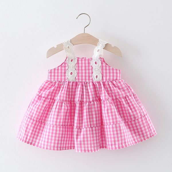 

summer baby girls plaid print lace spaghetti strap beach sundress princess party kids tutu dress vestidos, Red;yellow