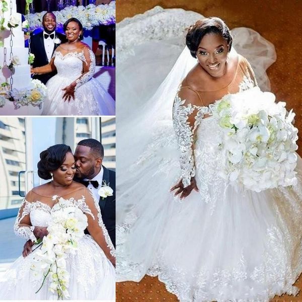 

african arabic plus size wedding dresses 2019 sheer lace appliques long sleeves bridal wedding gowns a line long train custom made