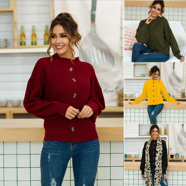 

women's pure color cardigan autumn winter style balloon sleeve jacket round neck knit sweater elegant chunky knit coat for girl, White;black