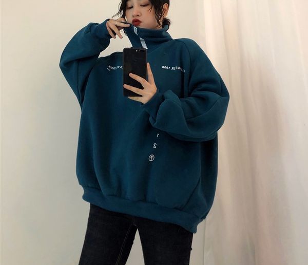 

turtleneck loose oversized funny letter print streetwear tracksuit pullover women men hoodies korean kpop clothes sweatshirt top, Black