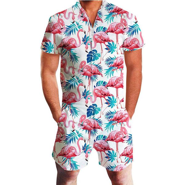 

flamingos floral print rompers men 3d funny graphic short sleeve jumpsuit mens playsuit overalls summer casual one piece outfits, Black