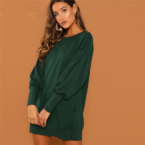 

womens dresses long sleeve dress preppy casual drop shoulder solid sweatshirt round neck bishop sleeve longline autumn women dresses, Black;gray