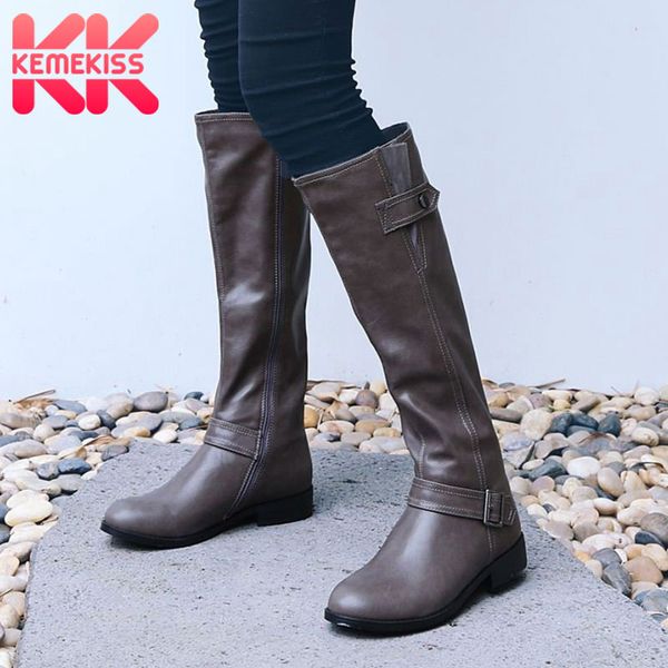 

kemekiss women knee high boots keep warm fashion metal buckle knight shoes women winter fur casual flats botas mujer size 34-43, Black