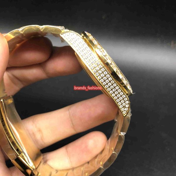 

2023the latest men's ice diamond watches size 40mm gold stainless steel diamond strap gold diamond face automatic mechanica, Slivery;brown