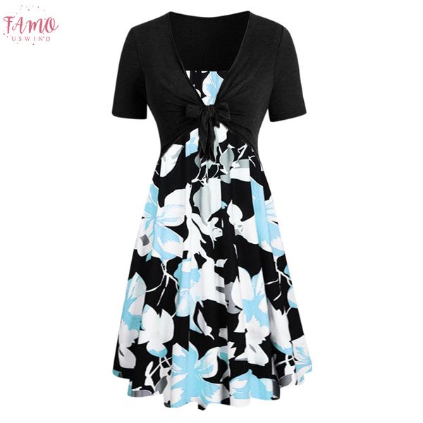 

dress women summer short sleeve bow knot bandage print mini dress suits party dresses plus size sundress vestidos, Black;gray