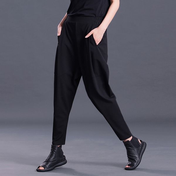 

women leggings womens pants 2019 new spring fashion black pleated pockets high waist elastic simple all match woman harem pants sa157, Black;white