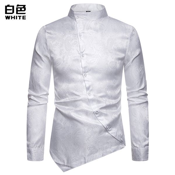 

новые мужчины рубашка с длинным рукавом нерегулярное наклона пряжки дизайн кешью цветы стенд воротник большого размера бизнес камиза masculi, White;black