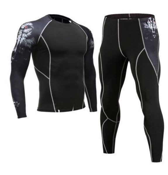 

men's compressed tracksuit sets fitness men long sleeve crossfit tshirt muscle shirt leggings man mma rashgard kit express, Gray