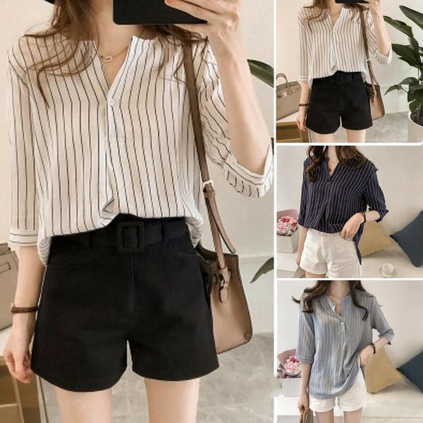 

new style women shirt fashion women's ladies summer casual stripe half sleeve shirt loose casual button fashion 2019, White