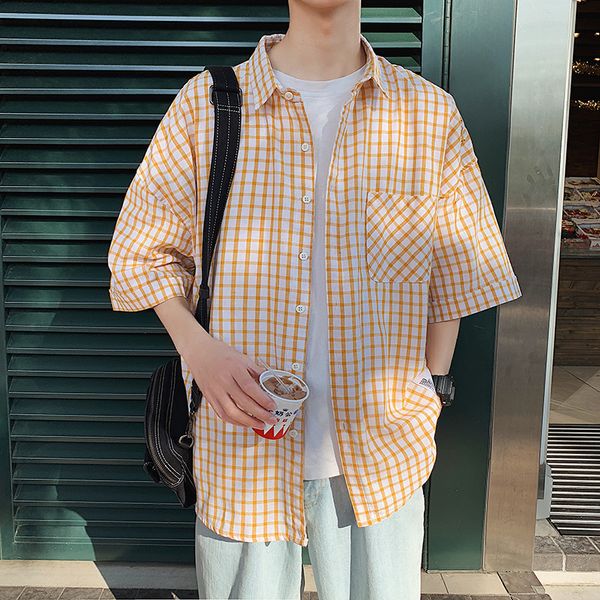 

summer men shirts 2019 new harajuku style loose wild trend fashion casual half-sleeved plaid shirts men, White;black