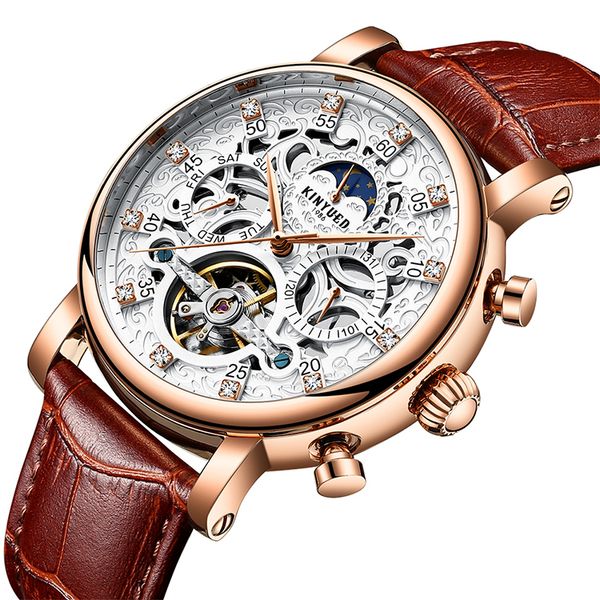 

fully watch hollow mechanical mechanical leather mens watch function automatic display multi business gift elhjr, Slivery;brown