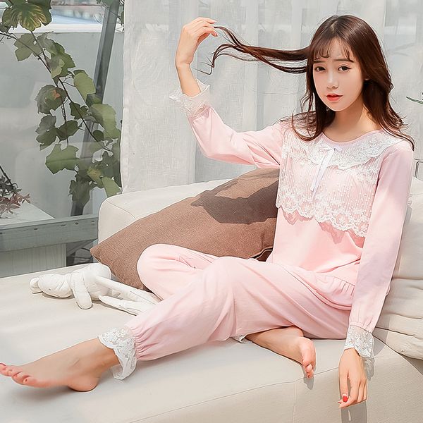 

2019 новых женщин пижамы комплекты мягкий хлопок с длинным рукавом брюки cute pink lace пижамы женский костюм пижамы домашняя одежда, Blue;gray