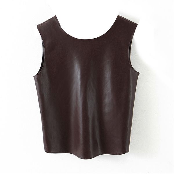 

fashion pu faux leather women hollow out summer brown tank 2020 streetwear ladies o neck sleevelees short, White