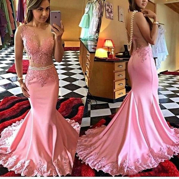 

pink mermaid long prom dresses illusion bodice applique pearls sheer formal evening dress african satin women gown vestidos, Black;red