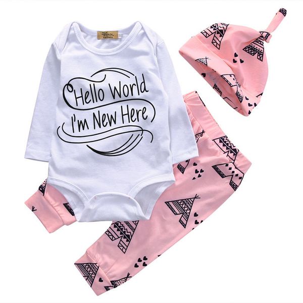 

New 3PCS Casual Newborn Baby Boy Girl Clothing Long Sleeve Romper +Long Pant Hat Outfits Set Clothes