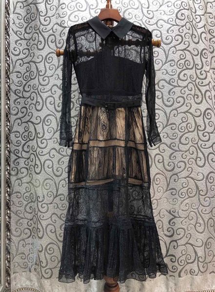 

autumn and winter 2019 new women's lace perspective splicing decoration long sleeve waist closing dress 1213, Black;gray
