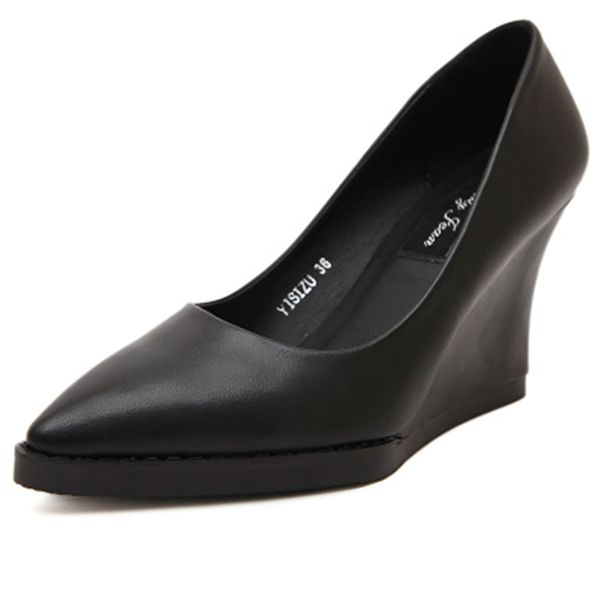 

spring fashion genuine leather black wedges single shoes pointed toe women's high-heeled shoes cowhide leather casual 33-40