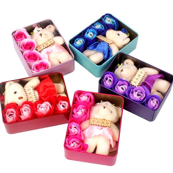 

4pcs scented rose flower petal bouquet gift box with bear bath body soap gift wedding party favor valentine's day present