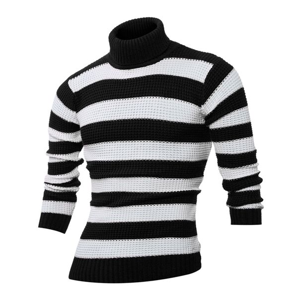 Camisolas masculinas Inverno Fashion Stripe Cópia Design Grande Tamanho Turtleneck Sweater Manga Longa Contraste Casual