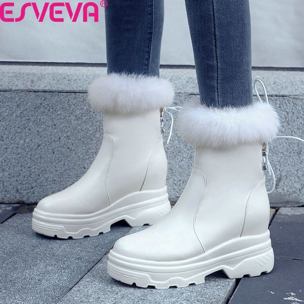 

esveva 2020 new autumn winter round toe pu leather all match ankle boots platform warm fur lace up fashion women shoes size34-40, Black