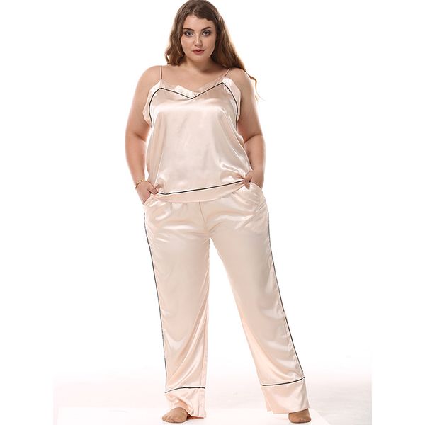 

big size lady imitation silk pajama sets satin silk sling + long pants homewear v-neck casual sleepwear fat mm women 95200, Black;red