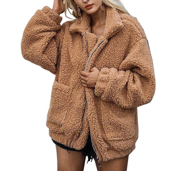 

yiwa women's winter warm coat long sleeve solid loose fit soft plush jacket pockets short women coat long sleeve outerwear, Black;brown