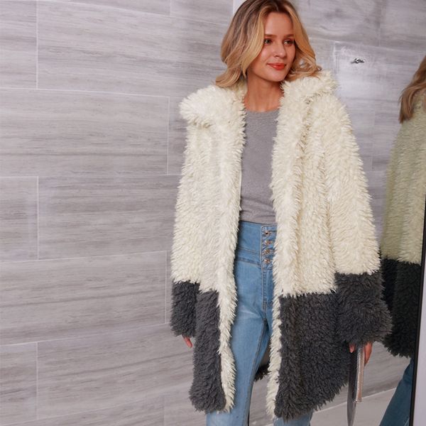 

long faux fur thicken warm coat winter women's turn down collar shaggy fur trench coat elegant female patchwork fake jacket, Black