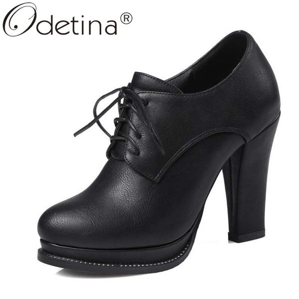 

odetina women fashion lace up sewing block extreme high heel casual shoes lady vintage round toe cross-tied winter party shoes, Black