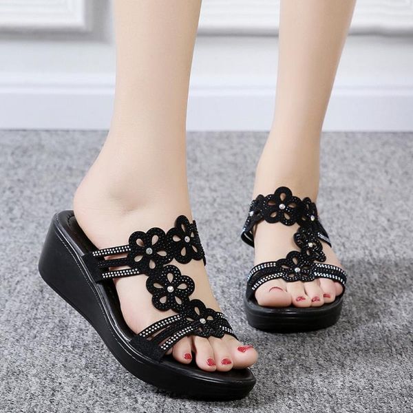 

выдалбливают платформа богемный стиль женщины клинья тапочки причинно пляжная обувь удобные прогулочные тапочки открытый сандалии 2020, Black