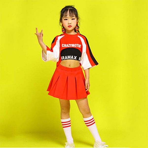 

kid прохладный hip hop одежда красная футболка с коротким рукавом top crop юбка короткие голубые для девушки джаз танец костюм танцы одежда, White