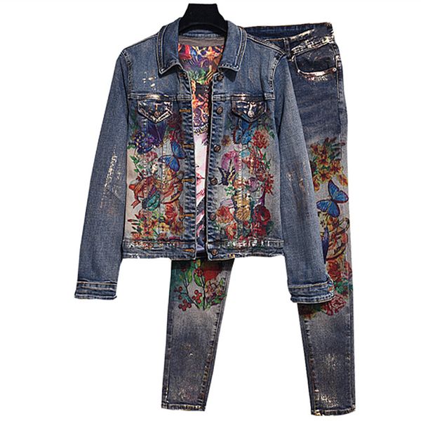 

flowers print jacket pants suit two pcs elastic material painting fashion trends women jacket pant set, Gray