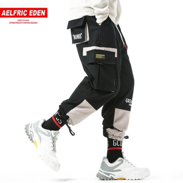 

aelfric eden fashion patchwork multi pockets printed cargo pants men casual streetwear trousers harajuku hip hop male oversized, Black