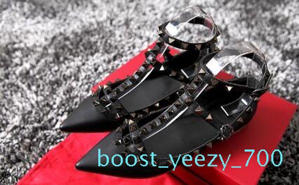 

2019 women pumps pointed toe flat fashion women shoes rivets genuine leather ankle strap sandals shoes 35-42 b70, Black