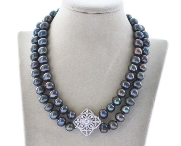 

2row 17" 12mm peacock-black round freshwater pearl necklace bracelet cz, Silver