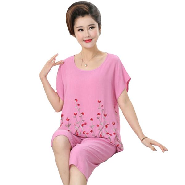 

pajamas women cotton and linen pajamas thin summer plus size suit cotton middle-aged and elderly mothers nighties home service, Black;red