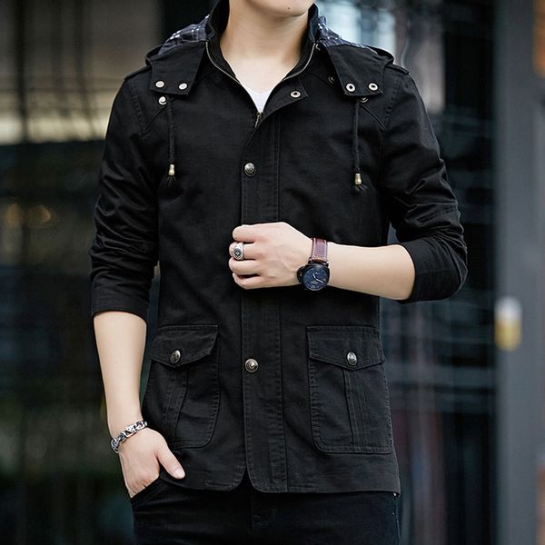 

2019 fashion men autumn winter warm outwear slim casual coats hooded pure color jacket button coat z87, Black;brown
