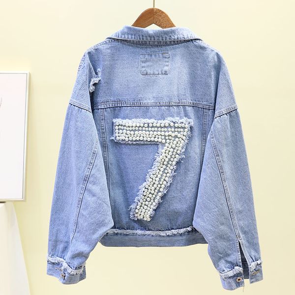 

women jeans jacket 2019 new pearls beaded frayed hole jacket loose denim blue short coat boyfriend style long sleeve streetwear, Black;brown