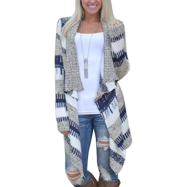 

autumn sweater women long sleeve patchwork knitted open front striped cardigan women coat sueter mujer invierno 2019, White