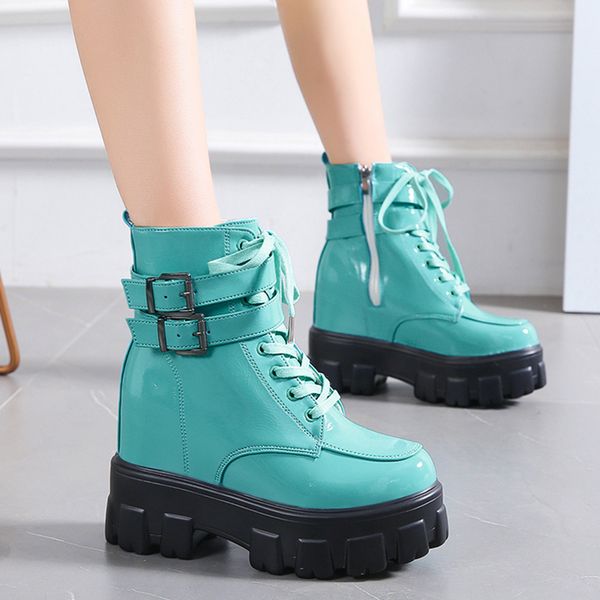 

rimocy winter high platform patent leather boots women waterproof height increasing shoes woman fashion motorcycle boots female, Black