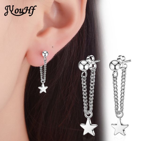 

jyouhf new 925 sterling silver stud earring women jewelry classic star pendant with ear wire chain earrings for women party gift, Golden;silver