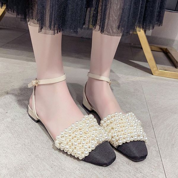 

womens beads pearls decor round toe sandals ankle buckle shoes slingback chunky low heels summer match colors c729, Black