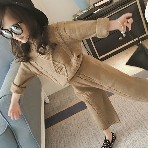 

autumn&winter girls sweater clothing set children warm knitwear sweater+pants 2 pieces suit teenage kids solid clothes set t200526, White