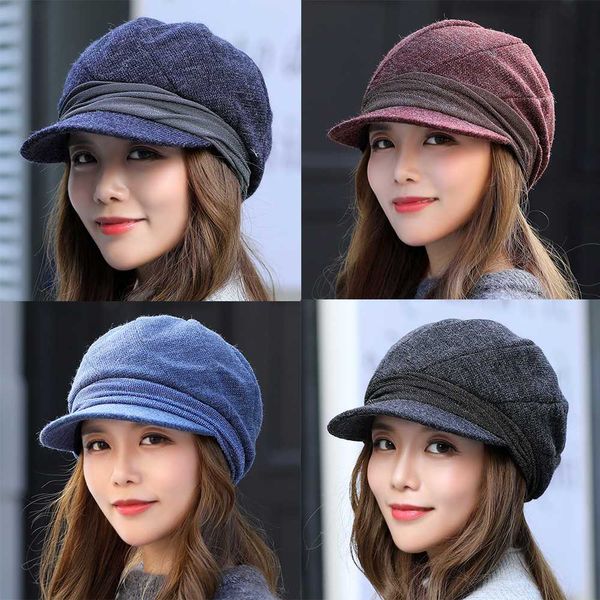 

women fashion korean version autumn winter warm octagonal cap female art france elegant windproof warm beret hats, Blue;gray